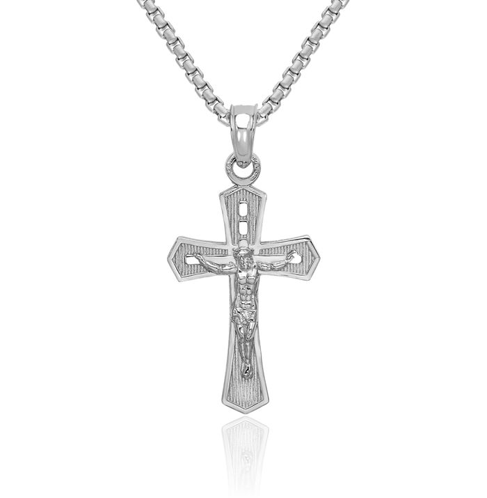 14K Solid White Gold Lord Jesus Christ Crucifix Holy Cross Edges Necklace Religious Chain Pendant Charm