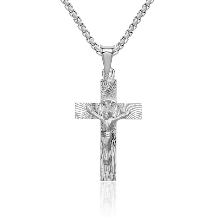 14K Solid White Gold Lord Jesus Christ Crucifix Holy Cross Necklace Religious Chain Pendant Charm