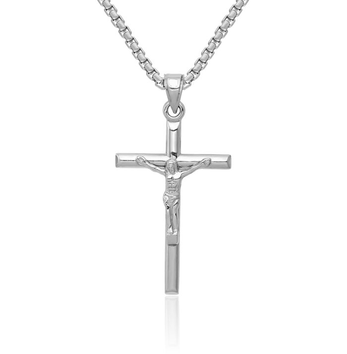 14K Solid White Gold Lord Jesus Christ Crucifix Holy Cross Necklace Religious Chain Pendant Charm