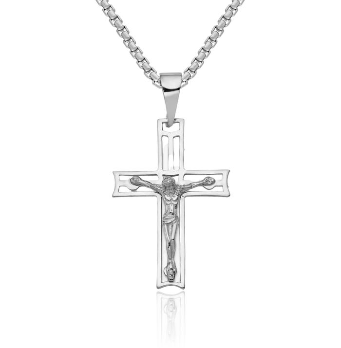 14K Solid White Gold Lord Jesus Christ Crucifix Holy Cross Necklace Religious Chain Pendant Charm