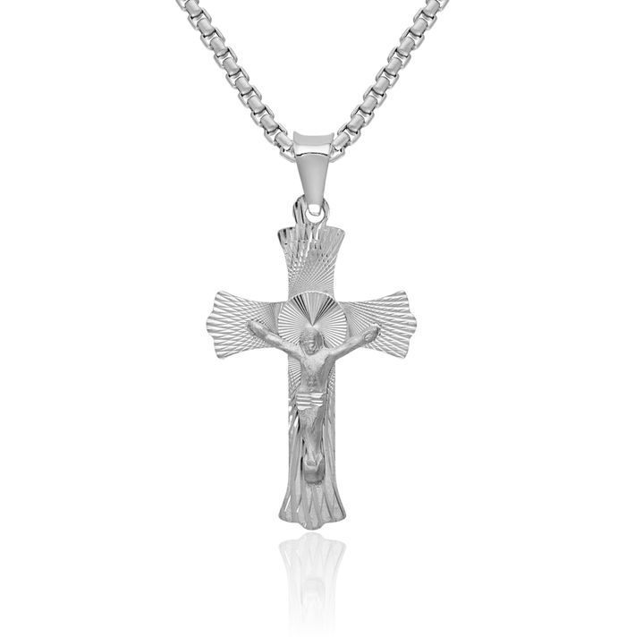 14K Solid White Gold Lord Jesus Christ Crucifix Holy Cross Necklace Religious Chain Pendant Charm