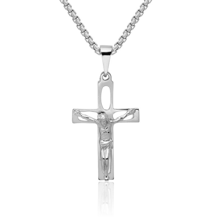 14K Solid White Gold Lord Jesus Christ Crucifix Holy Cross Necklace Religious Chain Pendant Charm