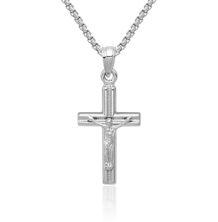 14K Solid White Gold Lord Jesus Christ Crucifix Holy Cross Necklace Religious Chain Pendant Charm