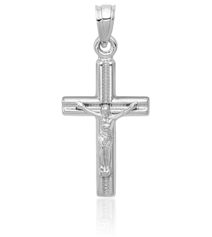 14K Solid White Gold Lord Jesus Christ Crucifix Holy Cross Necklace Religious Chain Pendant Charm