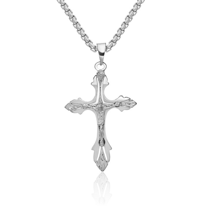 14K Solid White Gold Lord Jesus Christ Crucifix Holy Cross Necklace Religious Chain Pendant Charm