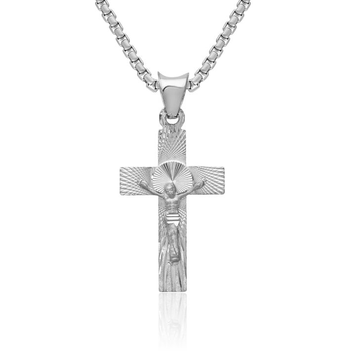 14K Solid White Gold Lord Jesus Christ Crucifix Holy Cross Necklace Religious Chain Pendant Charm