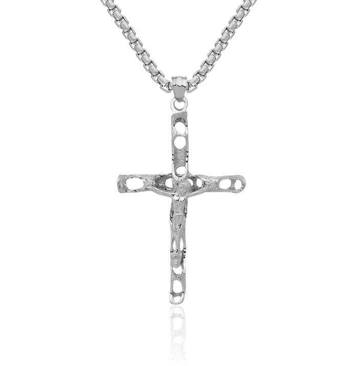 14K Solid White Gold Lord Jesus Christ Crucifix Holy Cross Necklace Religious Chain Pendant Charm