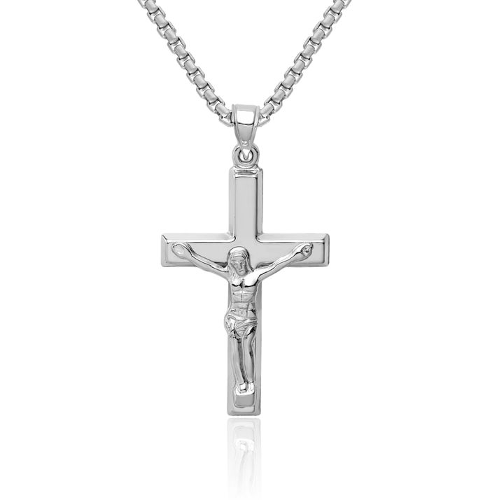 14K Solid White Gold Lord Jesus Christ Crucifix Holy Cross Necklace Religious Chain Pendant Charm