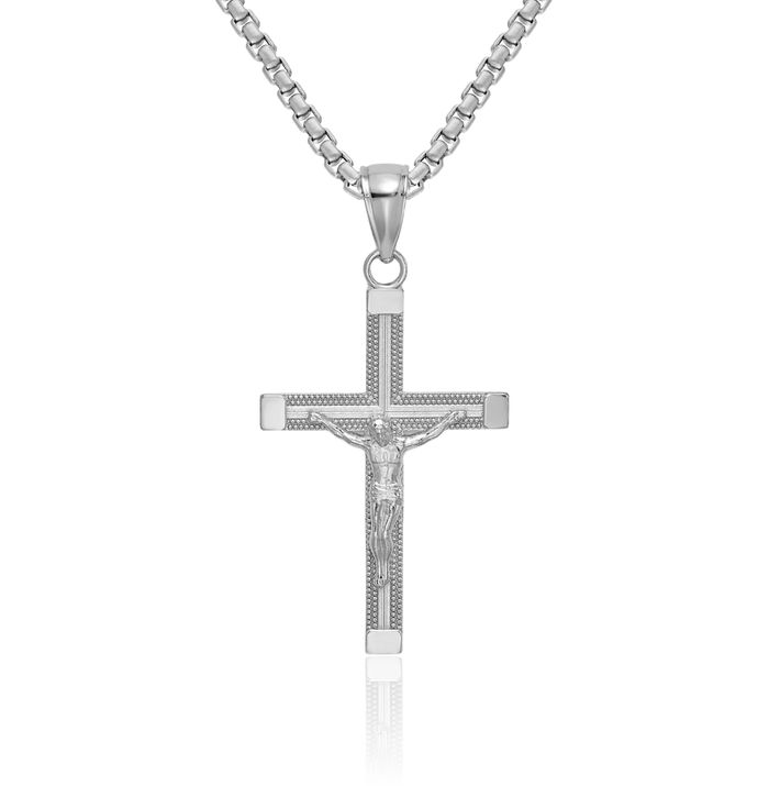 14K Solid White Gold Lord Jesus Christ Crucifix Holy Cross Necklace Religious Chain Pendant Charm