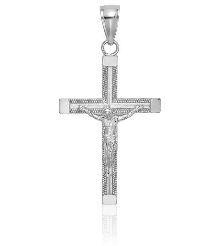 14K Solid White Gold Lord Jesus Christ Crucifix Holy Cross Necklace Religious Chain Pendant Charm