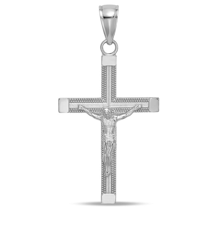 14K Solid White Gold Lord Jesus Christ Crucifix Holy Cross Necklace Religious Chain Pendant Charm