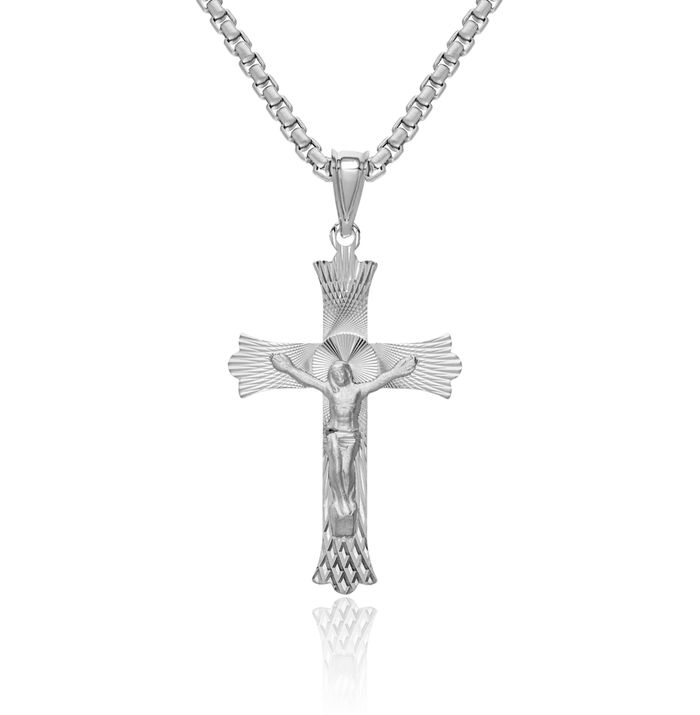 14K Solid White Gold Lord Jesus Christ Crucifix Holy Cross Necklace Religious Chain Pendant Charm