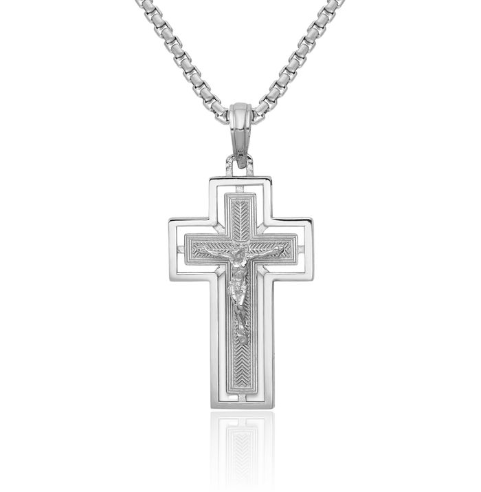 14K Solid White Gold Lord Jesus Christ Crucifix Holy Cross Necklace Religious Chain Pendant Charm