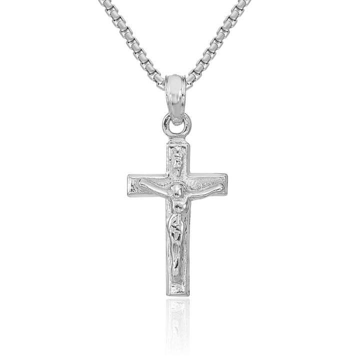 14K Solid White Gold Lord Jesus Christ Crucifix Holy Cross Necklace Religious Chain Pendant Charm