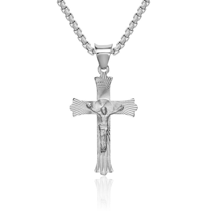 14K Solid White Gold Lord Jesus Christ Crucifix Holy Cross Necklace Religious Chain Pendant Charm