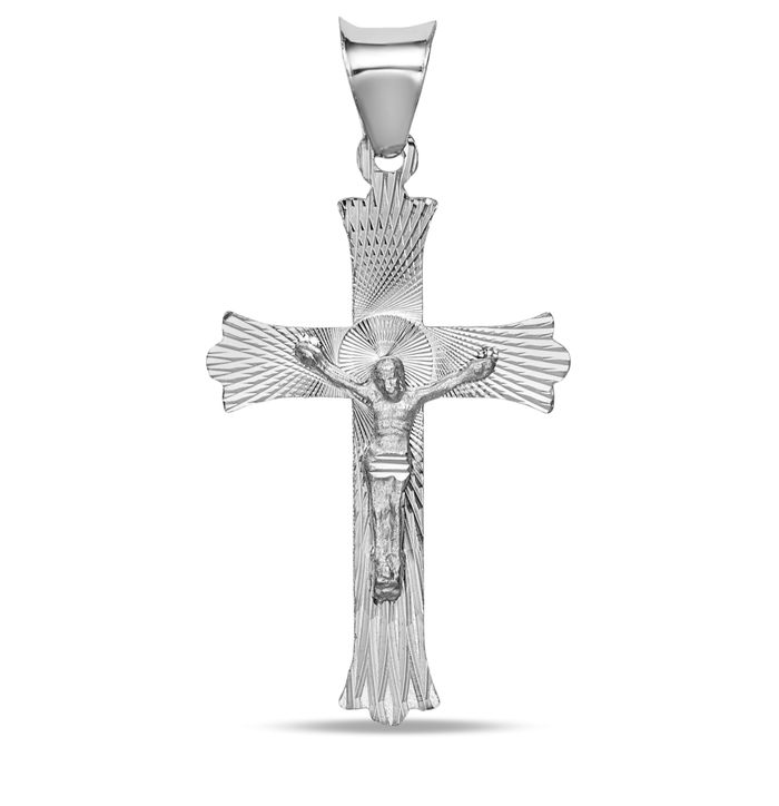 14K Solid White Gold Lord Jesus Christ Crucifix Holy Cross Necklace Religious Chain Pendant Charm