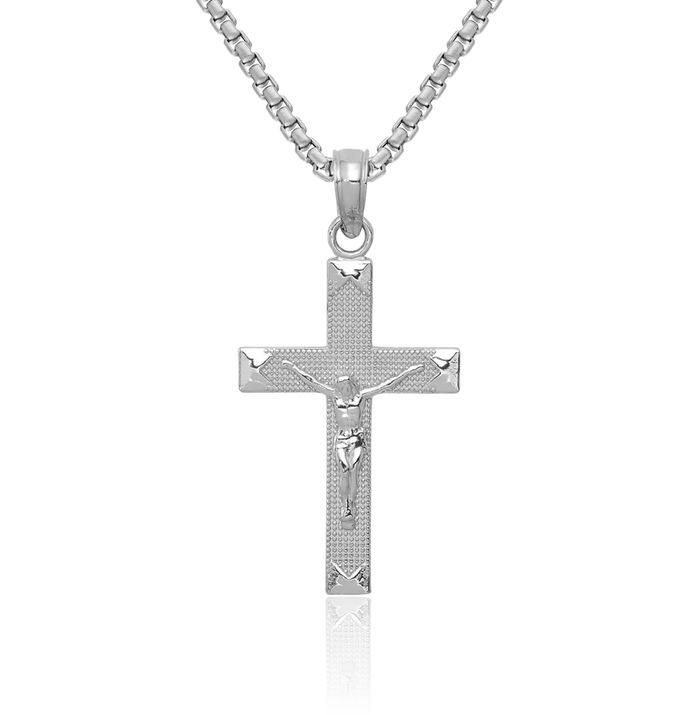 14K Solid White Gold Lord Jesus Christ Crucifix Holy Cross Necklace Religious Chain Pendant Charm