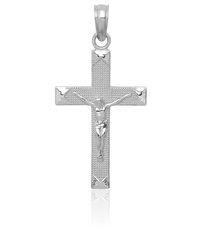 14K Solid White Gold Lord Jesus Christ Crucifix Holy Cross Necklace Religious Chain Pendant Charm