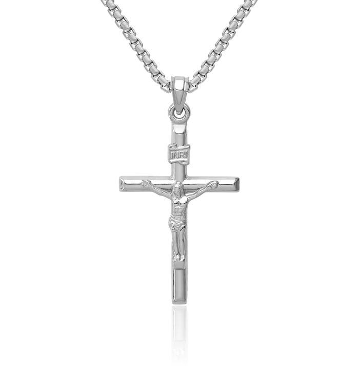 14K Solid White Gold Lord Jesus Christ Crucifix Holy Cross Necklace Religious Chain Pendant Charm