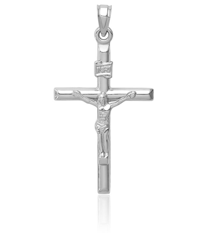 14K Solid White Gold Lord Jesus Christ Crucifix Holy Cross Necklace Religious Chain Pendant Charm