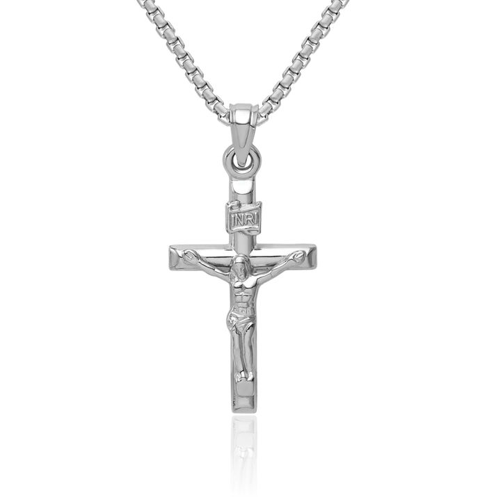 14K Solid White Gold Lord Jesus Christ Crucifix Holy Cross Necklace Religious Chain Pendant Charm