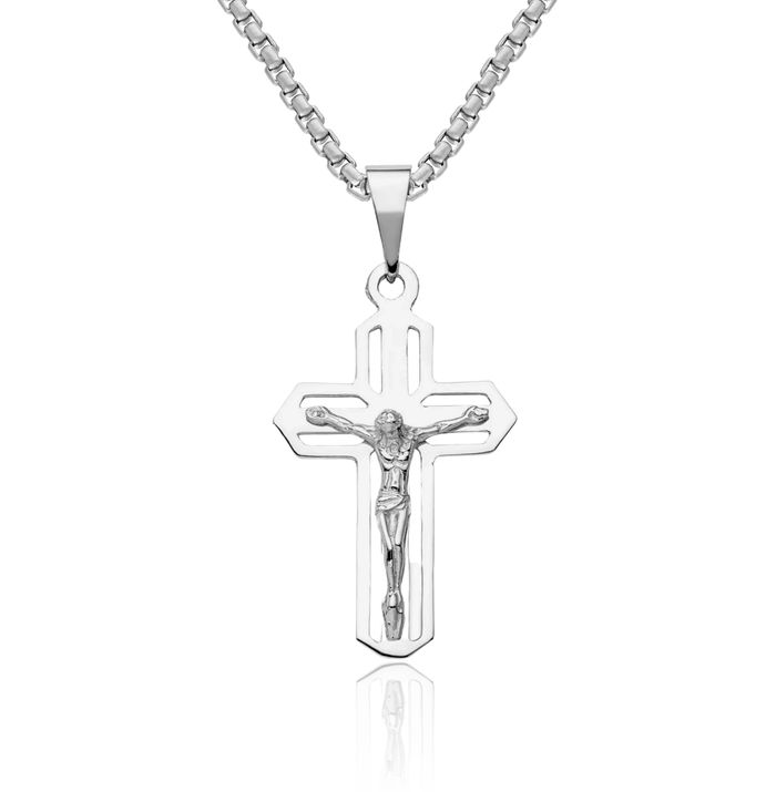 14K Solid White Gold Lord Jesus Christ Crucifix Holy Cross Necklace Religious Chain Pendant Charm