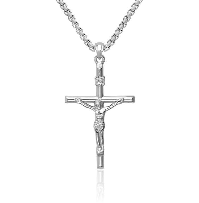 14K Solid White Gold Lord Jesus Christ Crucifix Holy Cross Necklace Religious Chain Pendant Charm