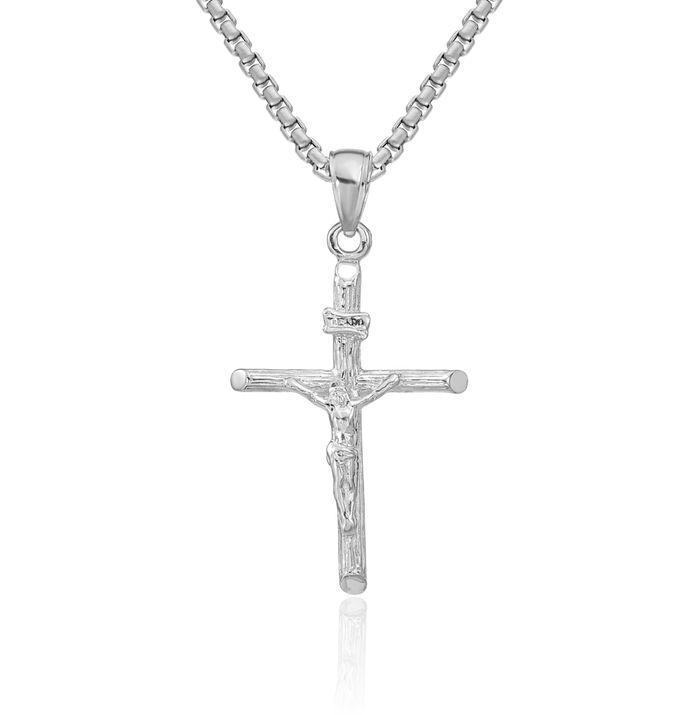 14K Solid White Gold Lord Jesus Christ Crucifix Holy Cross Necklace Religious Chain Pendant Charm