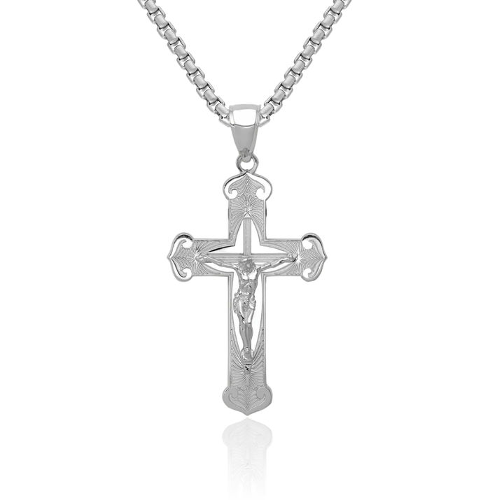 14K Solid White Gold Lord Jesus Christ Crucifix Holy Cross Necklace Religious Chain Pendant Charm