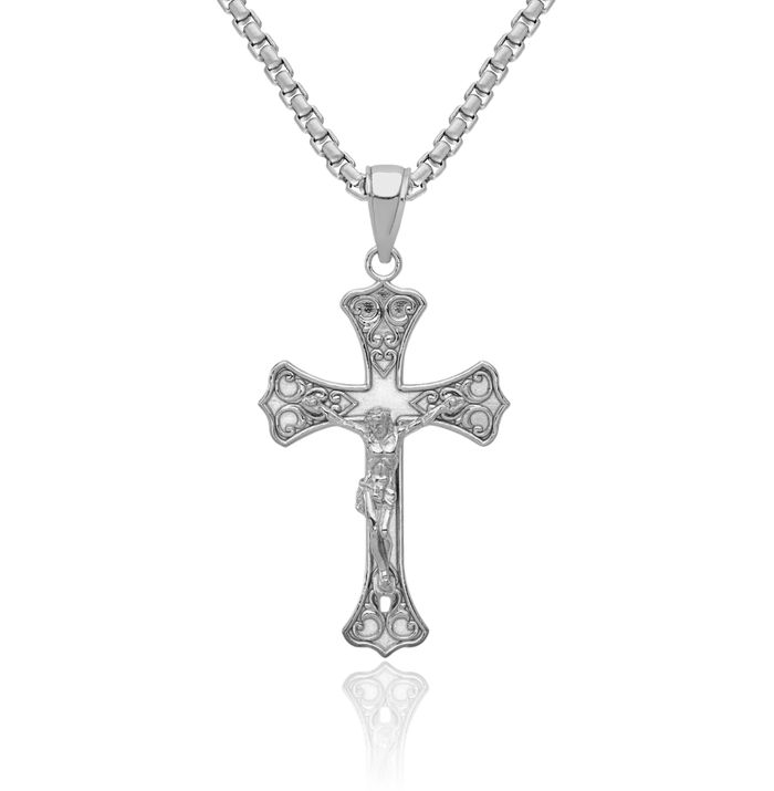 14K Solid White Gold Lord Jesus Christ Crucifix Holy Cross Necklace Religious Chain Pendant Charm