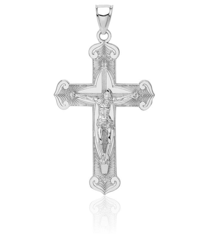 14K Solid White Gold Lord Jesus Christ Crucifix Holy Cross Necklace Religious Chain Pendant Charm