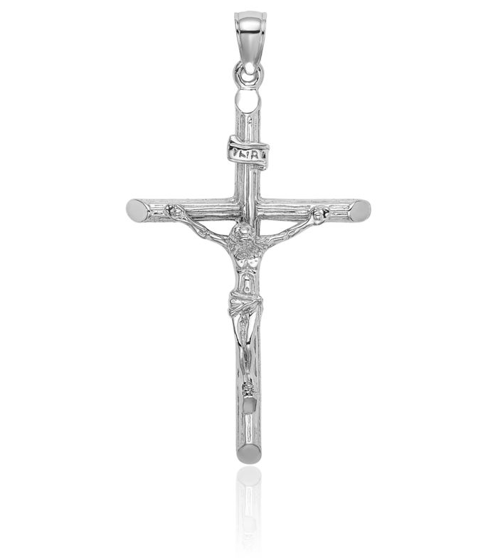 14K Solid White Gold Lord Jesus Christ Crucifix Holy Cross Necklace Religious Chain Pendant Charm