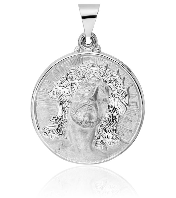 14K Solid White Gold Jesus Christ Head Face Disc Medal Necklace Religious Chain Pendant Christian Faith Charm