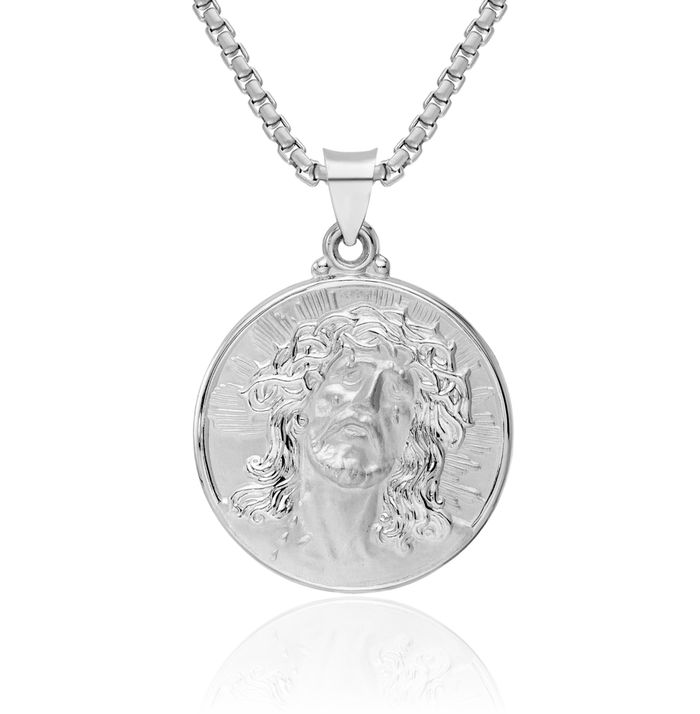 14K Solid White Gold Jesus Christ Head Face Disc Medal Necklace Religious Chain Pendant Christian Faith Charm