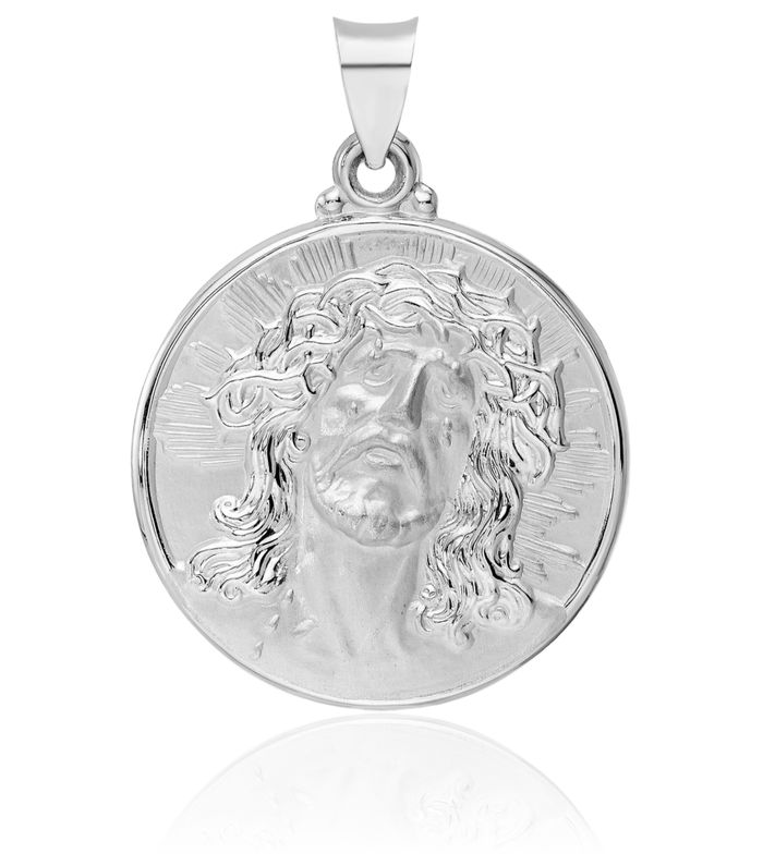 14K Solid White Gold Jesus Christ Head Face Disc Medal Necklace Religious Chain Pendant Christian Faith Charm