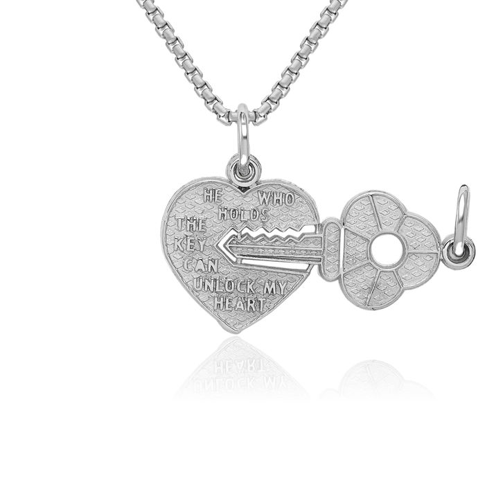 14K Solid White Gold Key Heart Break-apart Necklace Chain Pendant Charm