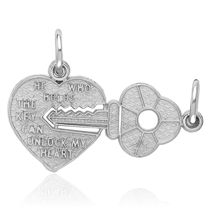 14K Solid White Gold Key Heart Break-apart Necklace Chain Pendant Charm