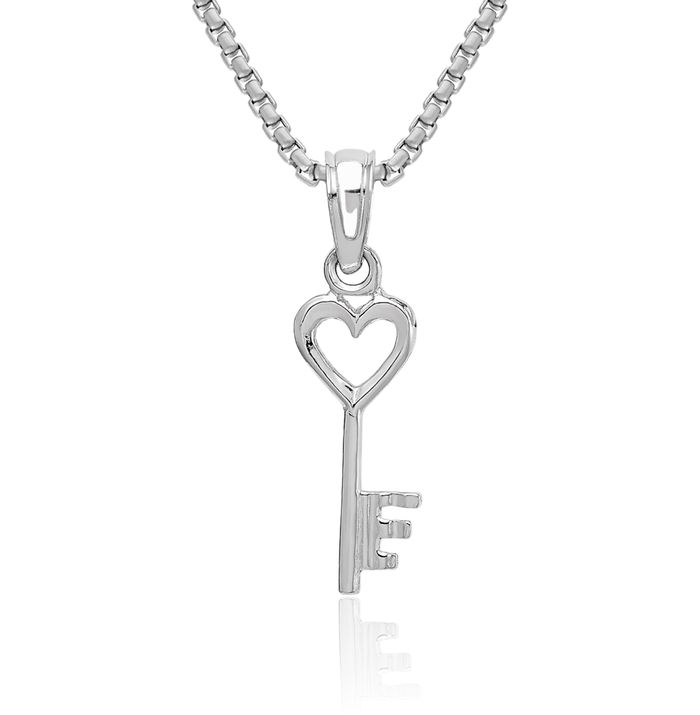 14K Solid White Gold Key Heart Necklace Love Pendant Charm