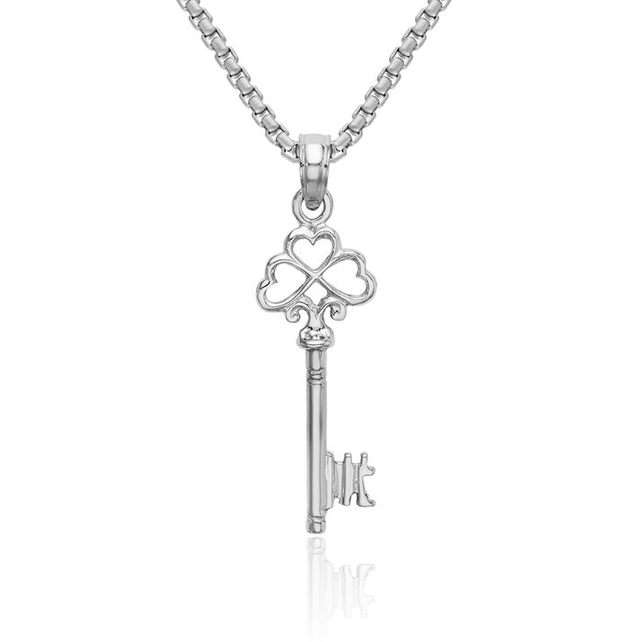 14K Solid White Gold Key Heart Necklace Love Pendant Charm