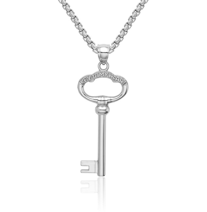 14K Solid White Gold Key My Heart Necklace Chain Pendant Charm