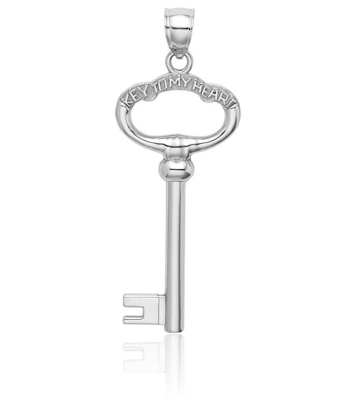 14K Solid White Gold Key My Heart Necklace Chain Pendant Charm