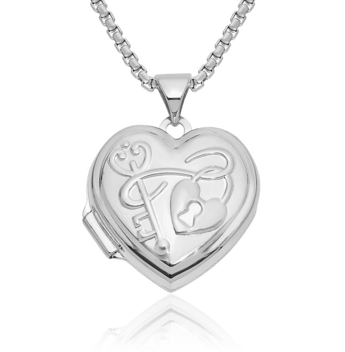 14K Solid White Gold Key My Heart Reversible Personalized Photo Locket Necklace Picture Pendant Charm