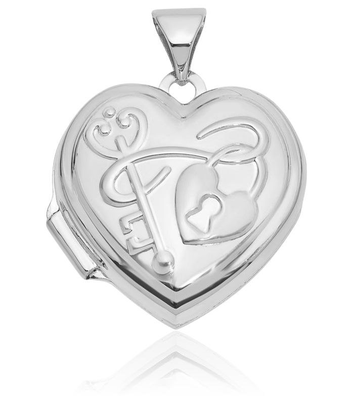 14K Solid White Gold Key My Heart Reversible Personalized Photo Locket Necklace Picture Pendant Charm