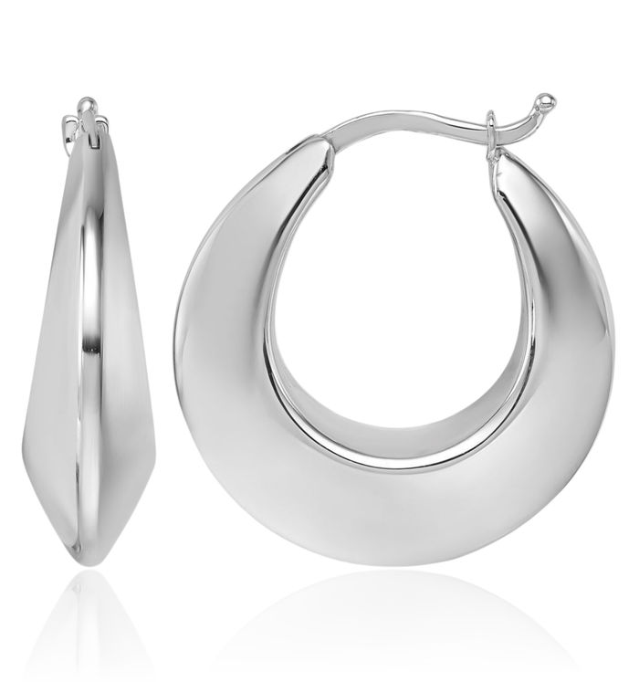 14K Solid White Gold Knife Edge Graduated Round Medium Hoop Earrings