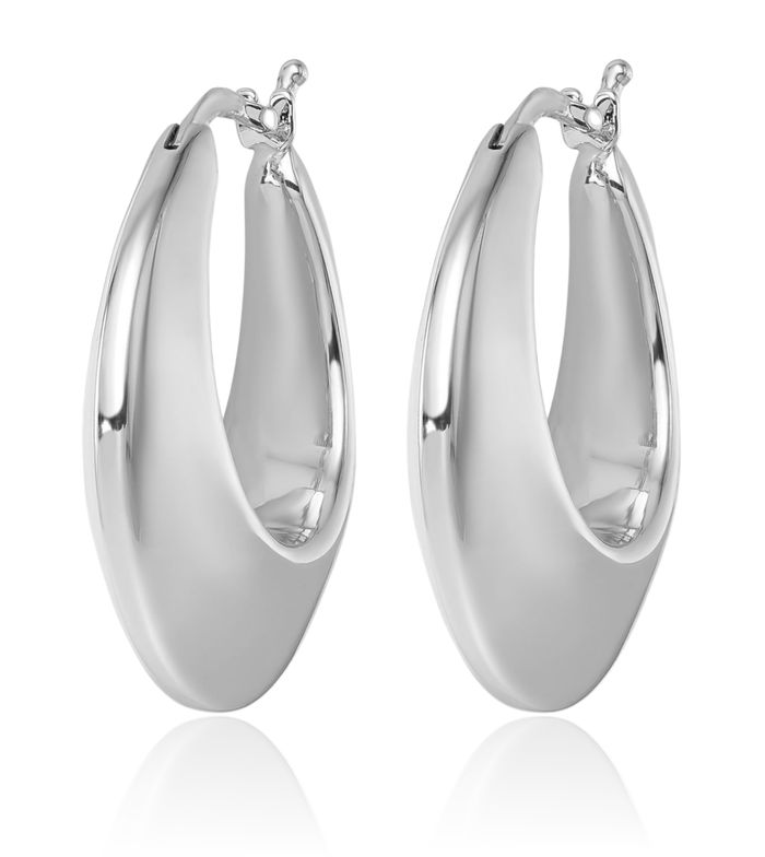 14K Solid White Gold Knife Edge Graduated Round Medium Hoop Earrings