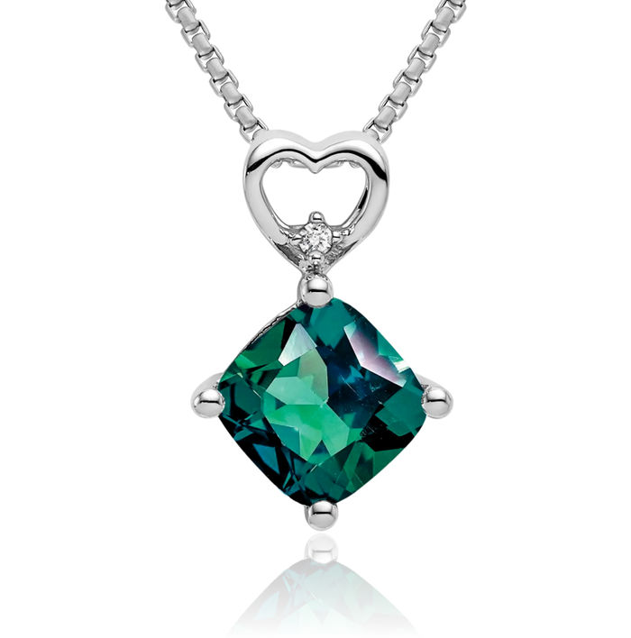 14K Solid White Gold Lab Alexandrite Diamond Heart Floating Chain Slide Gemstone Pendant Necklace Charm June Birthstone Jewelry
