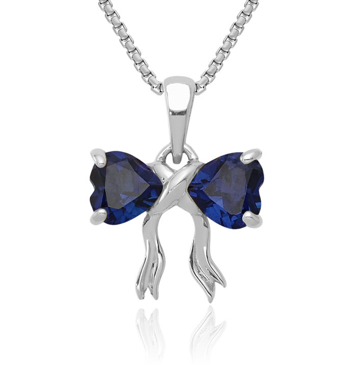 14K Solid White Gold Lab Blue Sapphire Bow Necklace Heart Gemstone Pendant Charm September Birthstone Jewelry