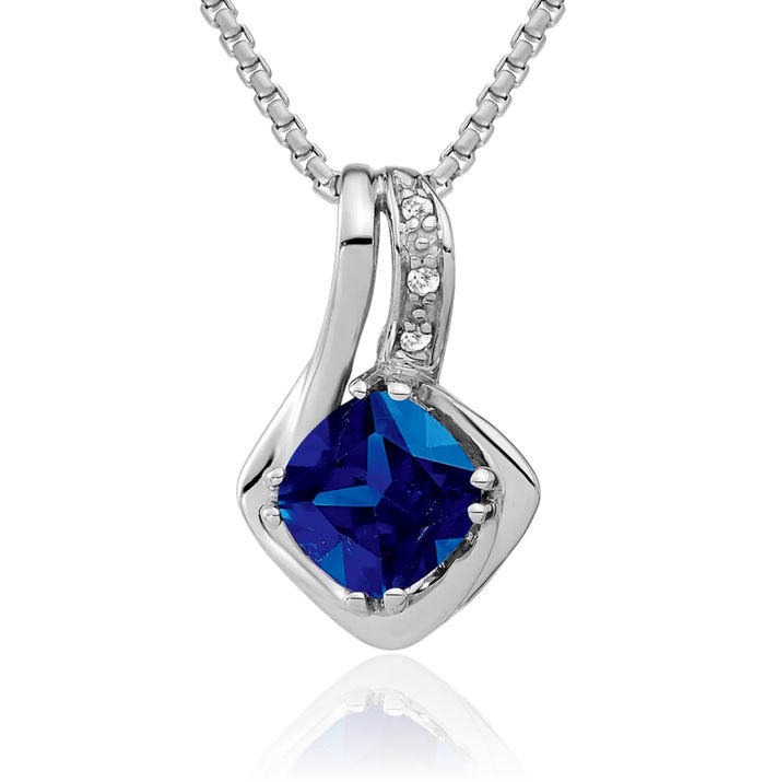 14K Solid White Gold Lab Blue Sapphire Diamond Chain Siide Necklace Charm Gemstone Pendant