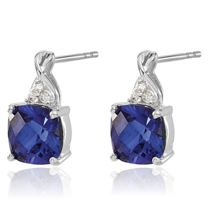 14K Solid White Gold Lab Blue Sapphire Diamond Drop Dangle Earrings Gemstone Post Push Back September Birthstone Jewelry