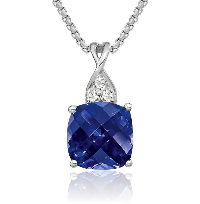 14K Solid White Gold Lab Blue Sapphire Diamond Necklace Gemstone Pendant Charm April September Birthstone Jewelry